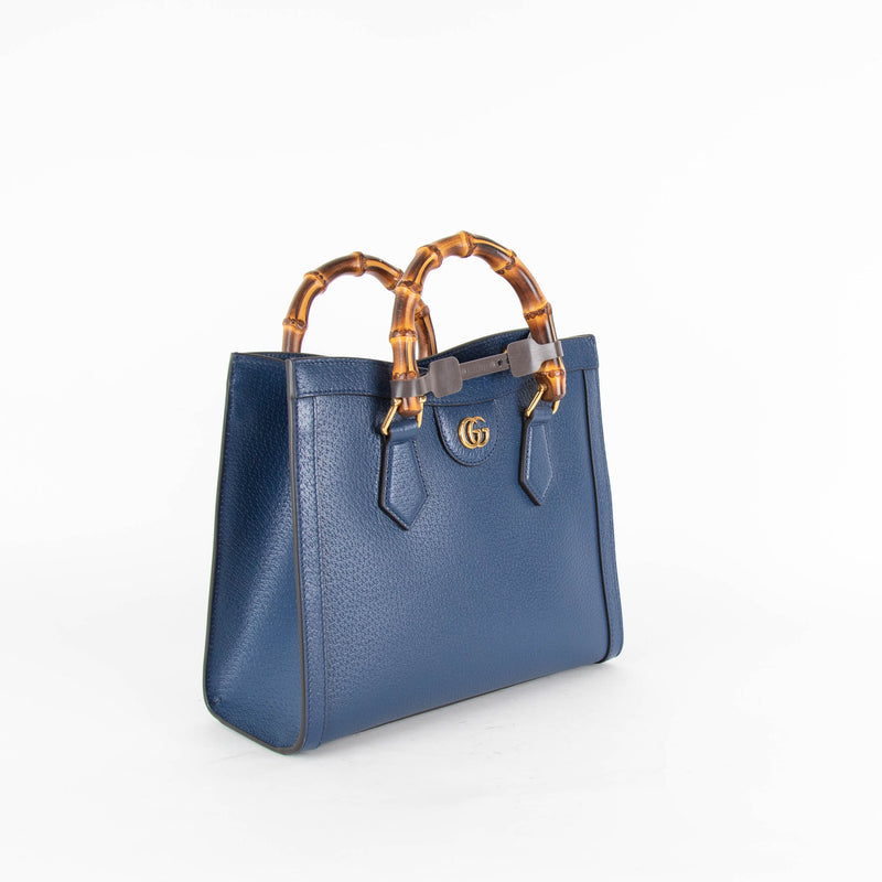 Gucci Navy Blue Diana Bamboo Detail Leather Tote Bag