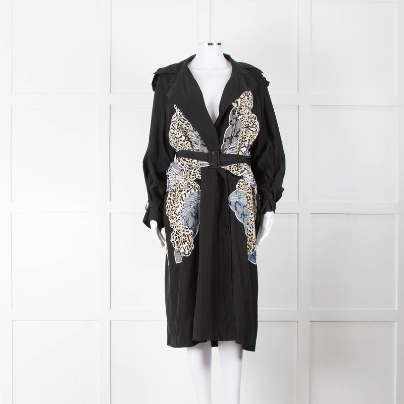 Stella McCartney Black Silk Embroided Leopard Pattern Trench Coat