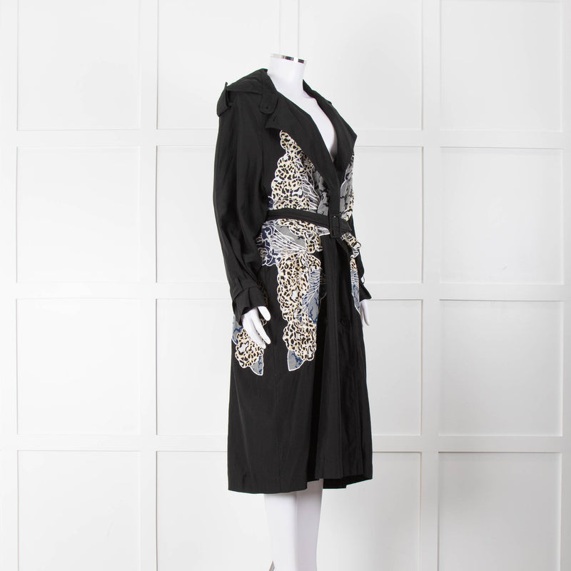 Stella McCartney Black Silk Embroided Leopard Pattern Trench Coat