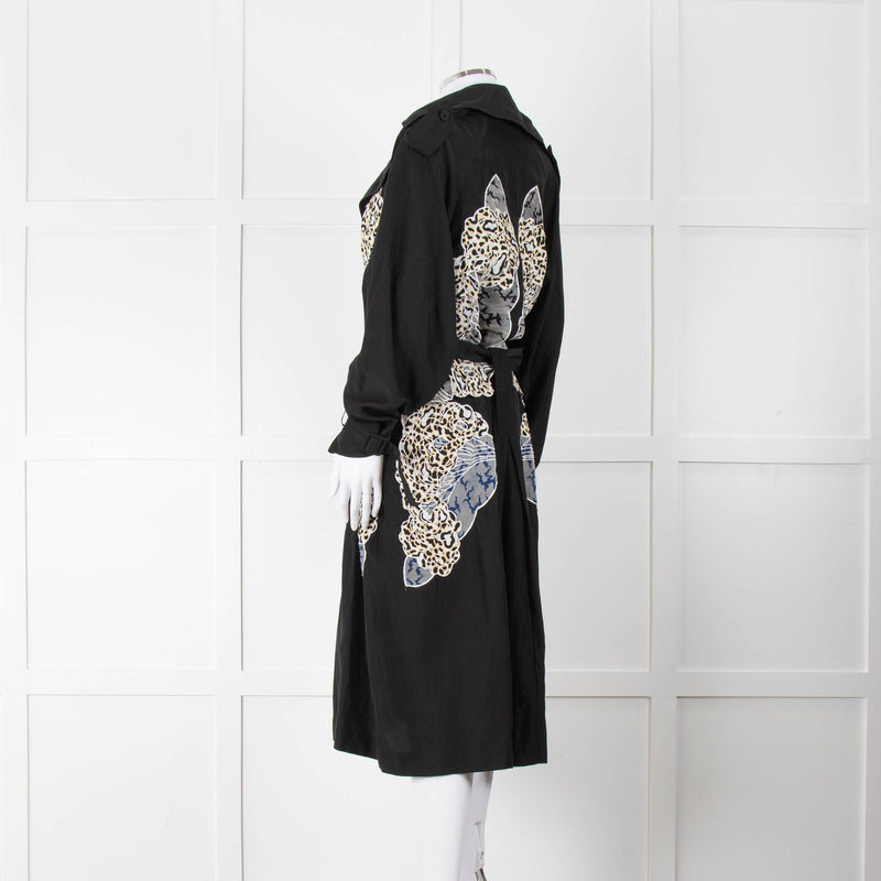 Stella McCartney Black Silk Embroided Leopard Pattern Trench Coat