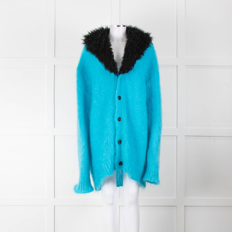 Marni Mohair Turquoise  Fuzzy Wuzzy Cardigan with Black Faux Fur Neck