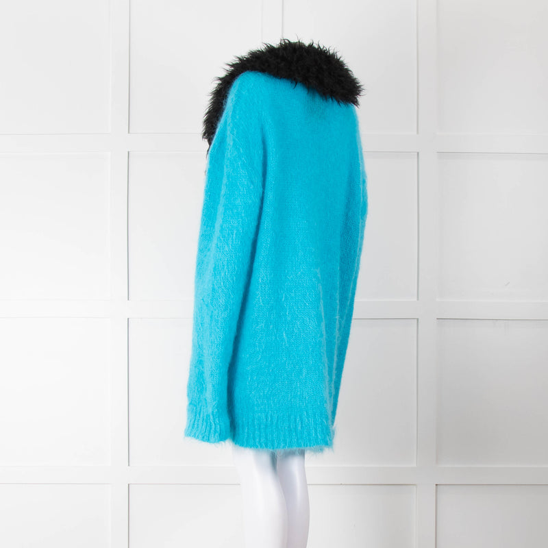 Marni Mohair Turquoise  Fuzzy Wuzzy Cardigan with Black Faux Fur Neck