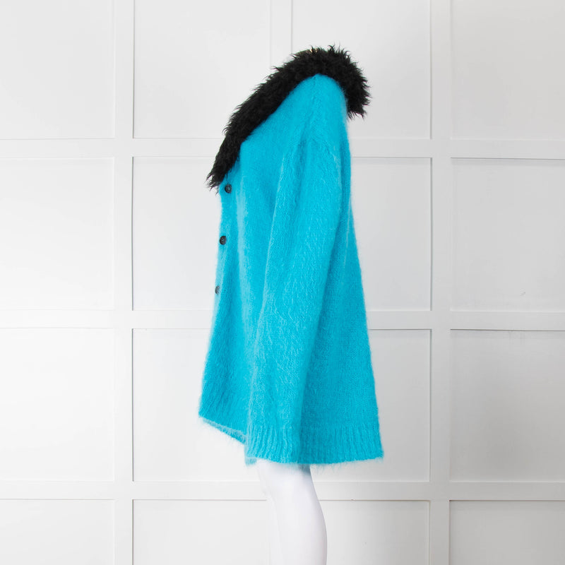 Marni Mohair Turquoise  Fuzzy Wuzzy Cardigan with Black Faux Fur Neck