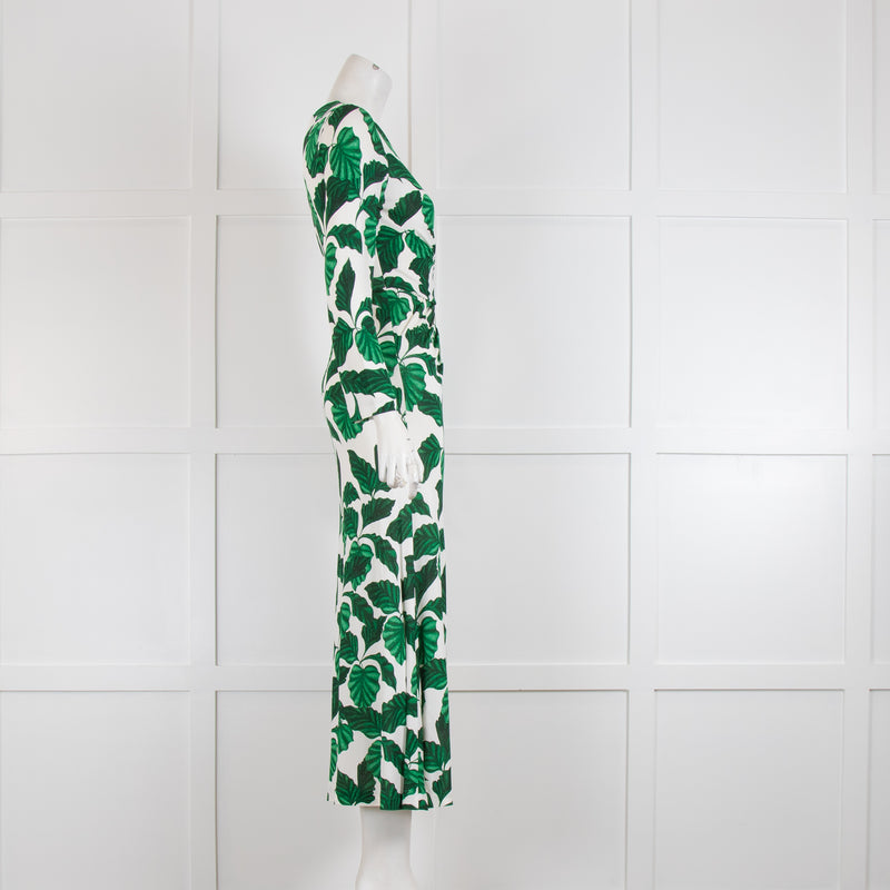 Diane Von Furstenberg Cream Green Leaf Long Sleeve Maxi Dress