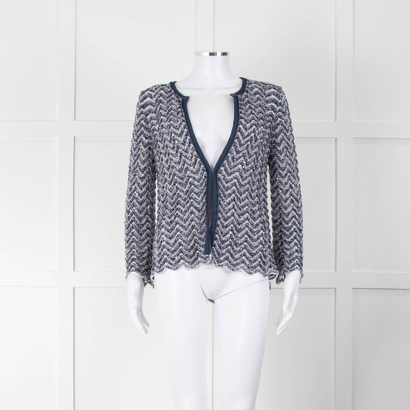 Amina Rubinacci Blue Crochet Sequin Knit Cardigan