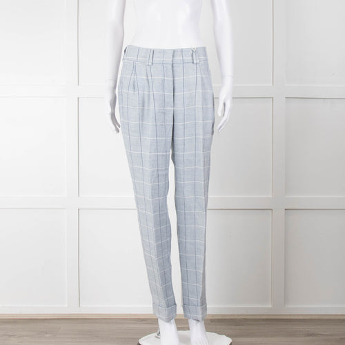 Peserico Pale Blue Check Linen Trousers with Turn Up