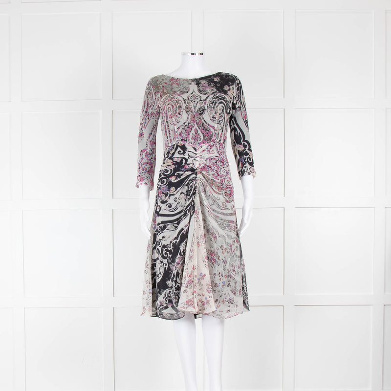 Etro Cream Black Pink Paisley Ruched Front Dress