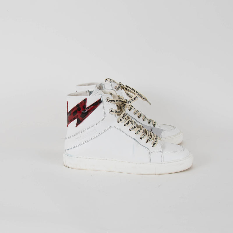 Zadig & Voltaire White Red Lightening  Bolt High Top Sneakers