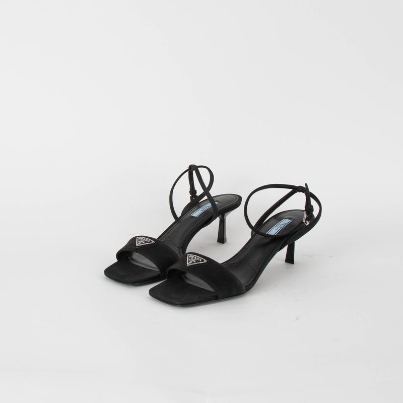 Prada Black Brushed Leather Mid Heel Sandals