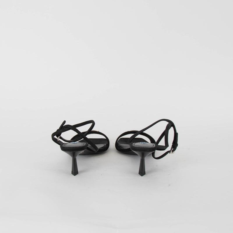 Prada Black Brushed Leather Mid Heel Sandals