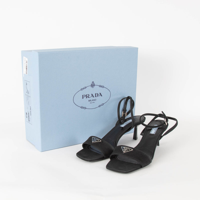 Prada Black Brushed Leather Mid Heel Sandals