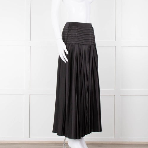 ME + EM Black Satin Plisse Skirt with Beaded Waist