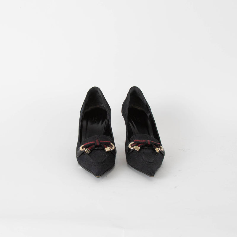 Gucci Vintage Princy Black Canvas Monogram Pointed Toe Heels