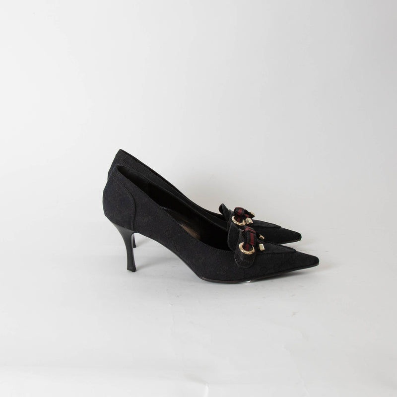 Gucci Vintage Princy Black Canvas Monogram Pointed Toe Heels