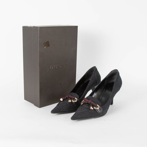 Gucci Vintage Princy Black Canvas Monogram Pointed Toe Heels