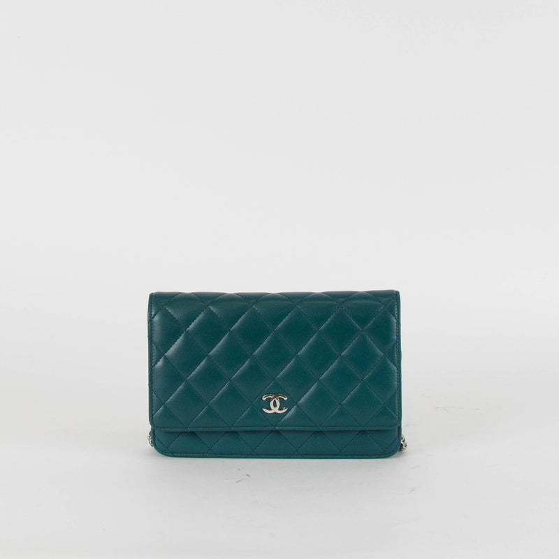 Chanel Teal Blue Green Lambskin Wallet On Chain