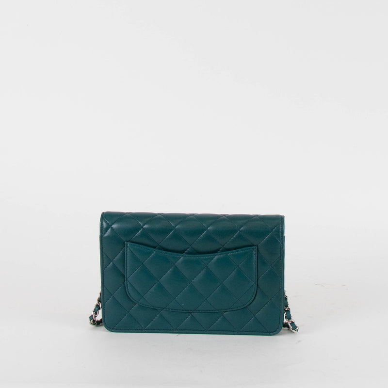 Chanel Teal Blue Green Lambskin Wallet On Chain