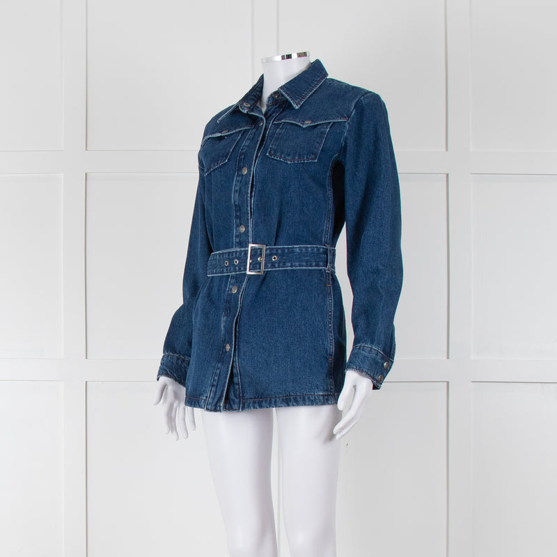 A.P.C Blue Denim Open Front Belted Long Shirt