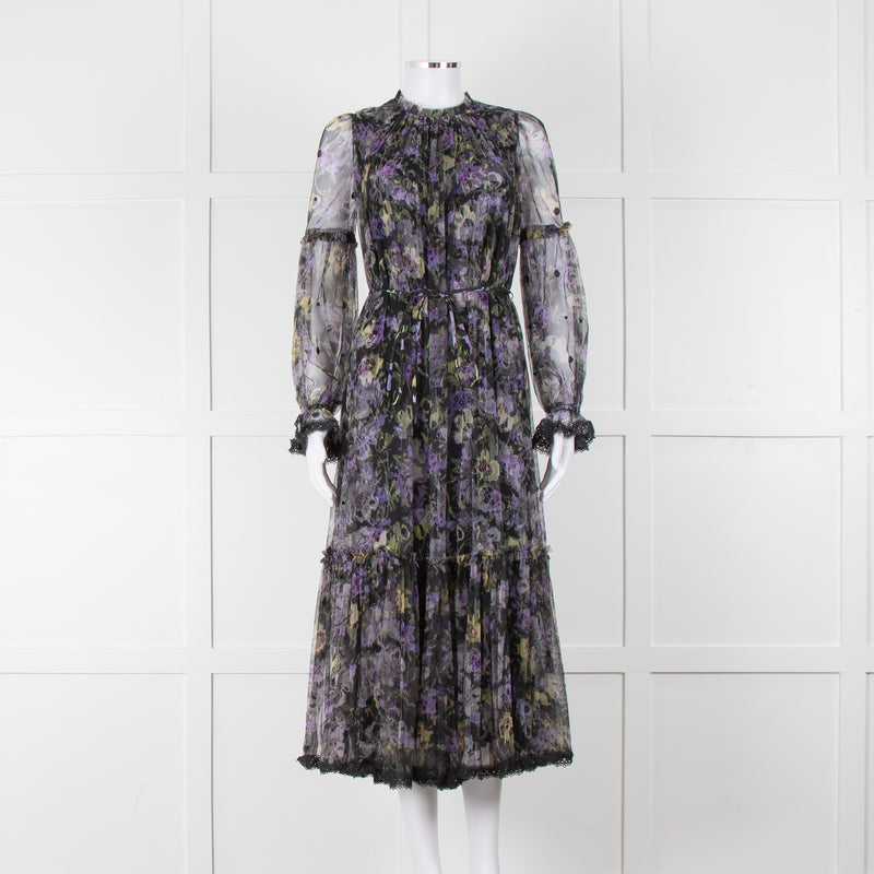 Needle & Thread Black Purple Print Net Long Sleeve Maxi Dress