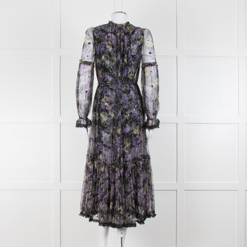 Needle & Thread Black Purple Print Net Long Sleeve Maxi Dress