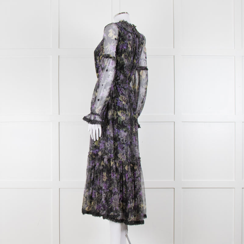 Needle & Thread Black Purple Print Net Long Sleeve Maxi Dress