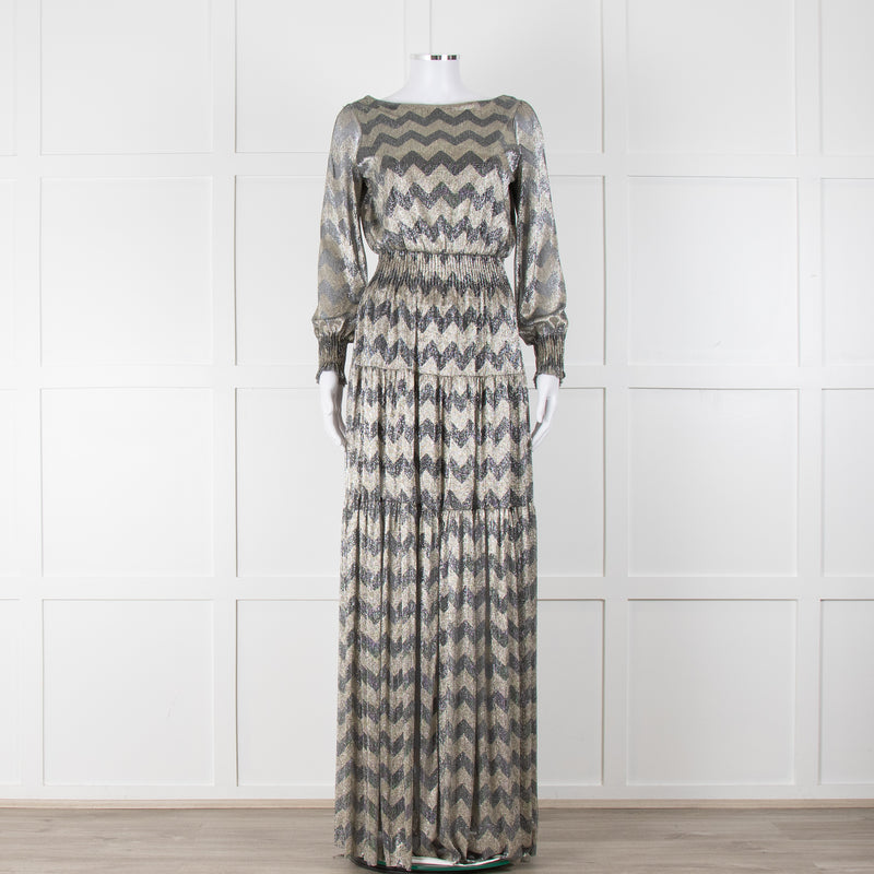 ba&sh Grey Silver Gold Lurex Low Back Evening Maxi Dress