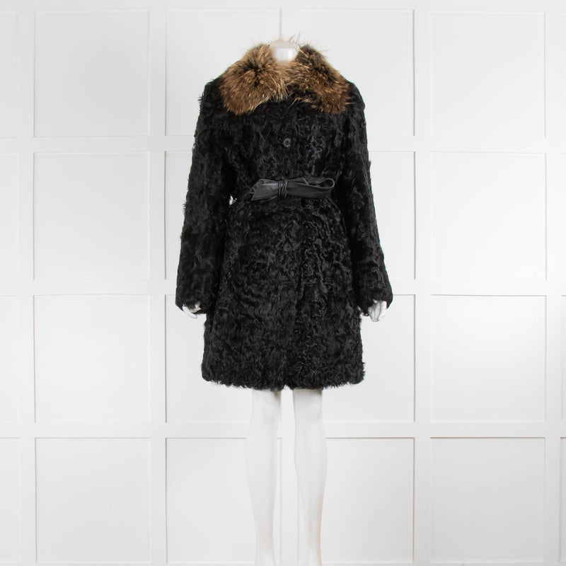 Yves Salomon Black Curly Lambskin Coat With Contrast Fur Collar