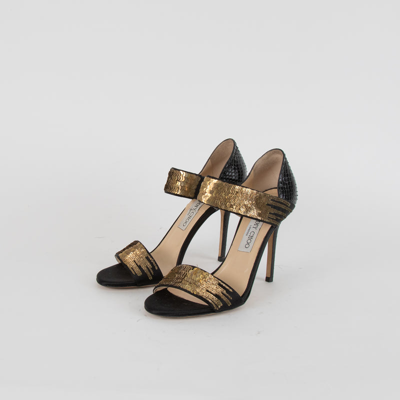 Jimmy Choo Tallow Black And Gold Sequin Sandal