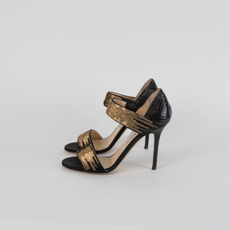 Jimmy Choo Tallow Black And Gold Sequin Sandal