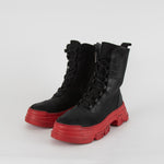 Lofina Black Combat Boots with Chunky Red Sole