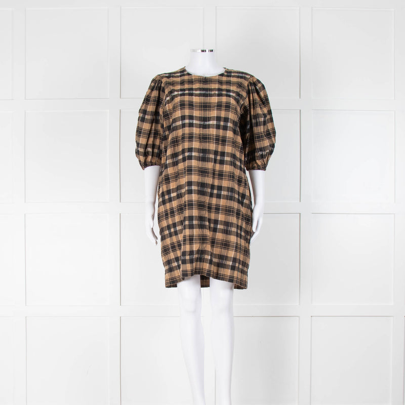 Ganni Brown Gingham Check Cotton Dress