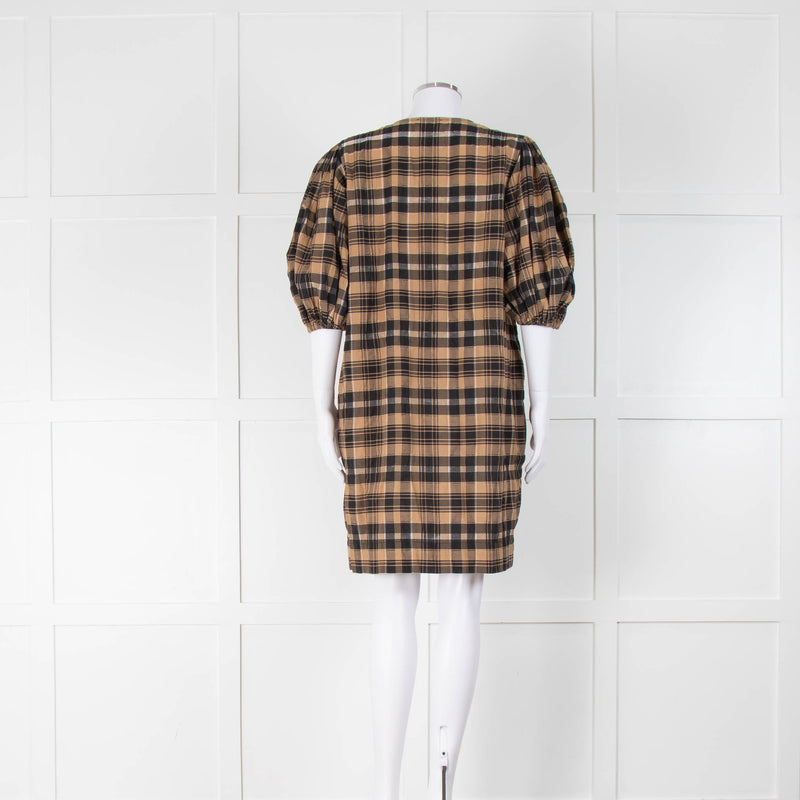 Ganni Brown Gingham Check Cotton Dress