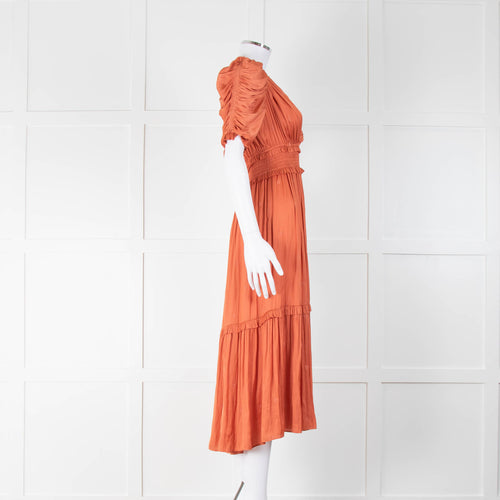 Ulla Johnson Orange Coral Satin Ruched Waist Midi Dress