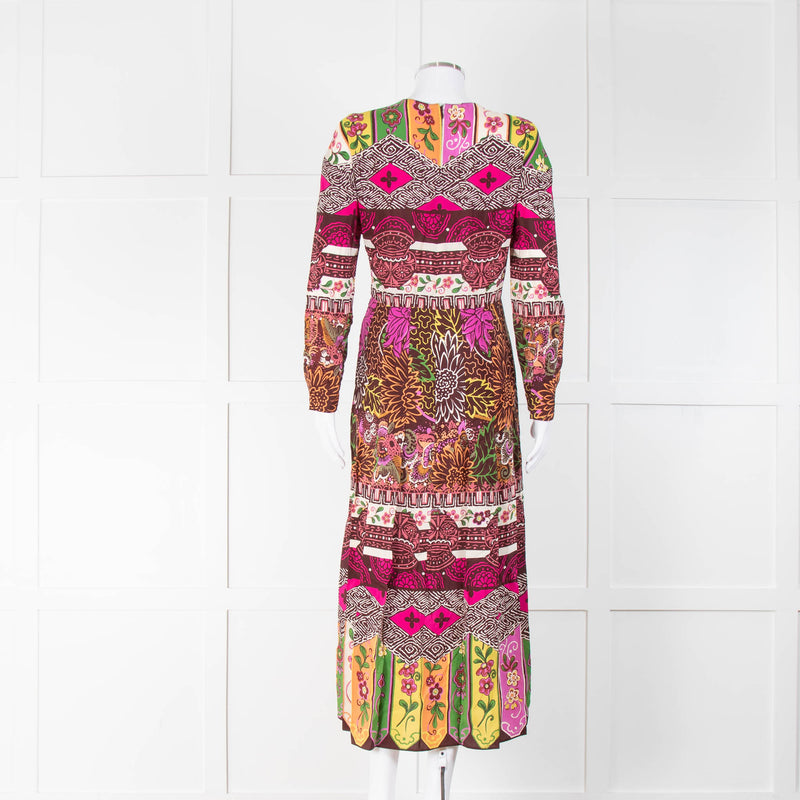 Valentino Brown Pink Orange Floral Long Sleeve Maxi Dress