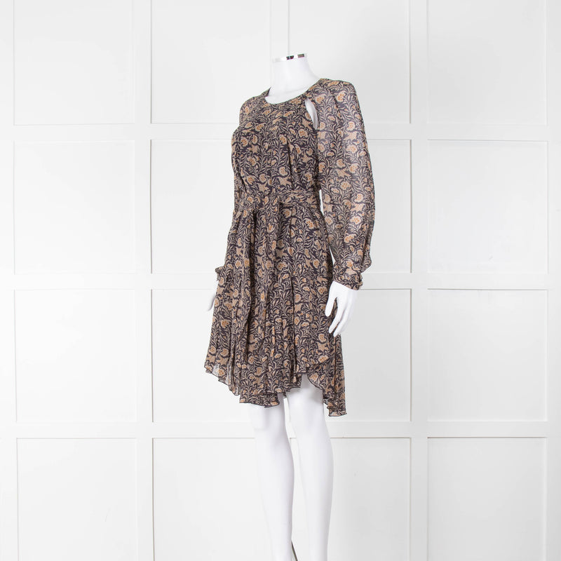 Isabel Marant Etoile Black Beige Floral Cut Out Detail Belted Pleated Mini Dress