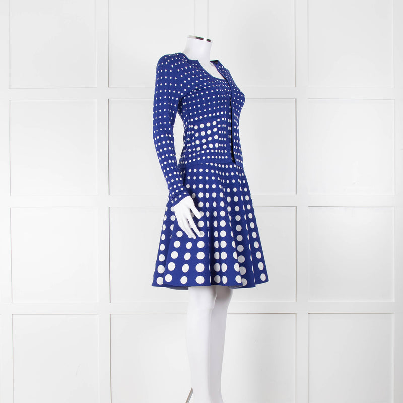 Carolina Herrera Cobalt Blue White Polka Dot Dress & Cardigan