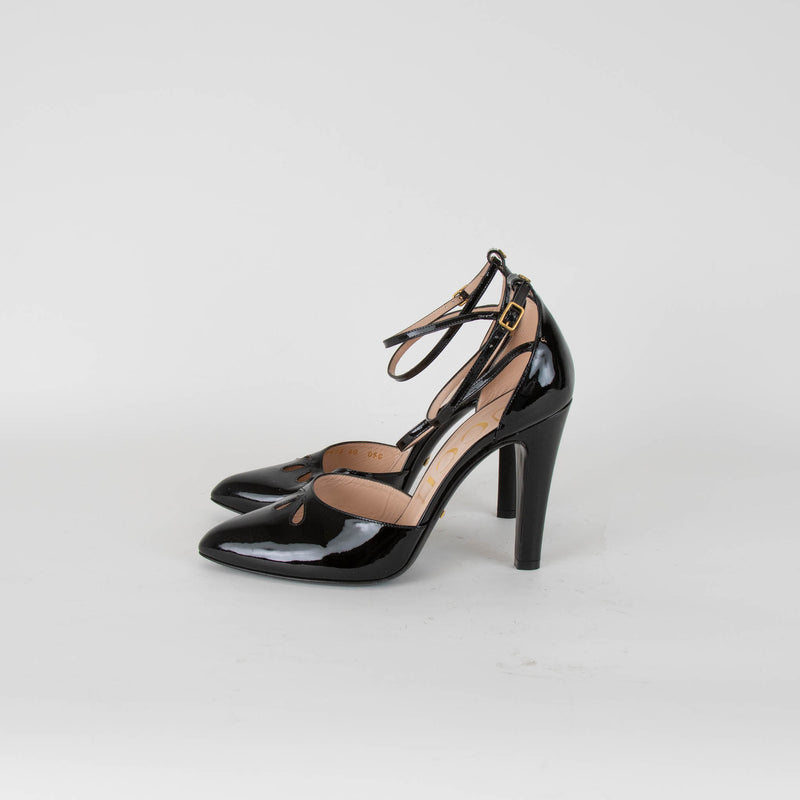 Gucci Black Patent Leather Ankle Strap Heels