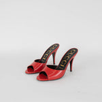 Gucci Patent Scarlet Open Toe Mules in Red