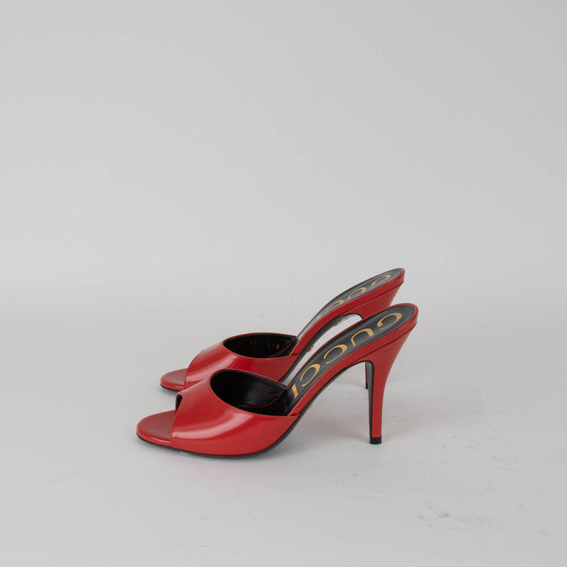 Gucci Patent Scarlet Open Toe Mules in Red