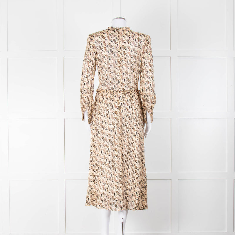 Sandro Beige Brown Boot Print Long Sleeve Dress