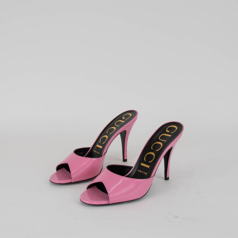 Gucci Patent Scarlet Open Toe Mules in Pink