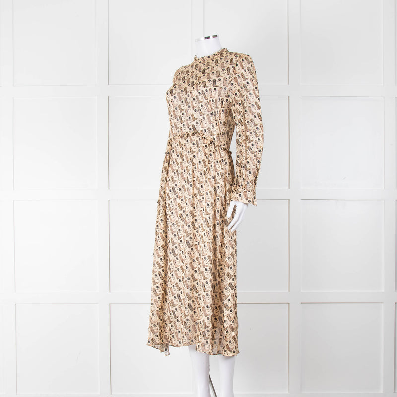 Sandro Beige Brown Boot Print Long Sleeve Dress