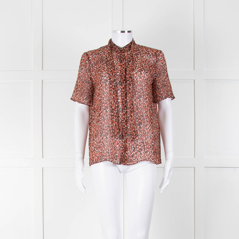 Strenesse Orange Brown Sheer Neck Tie Short Sleeve Top