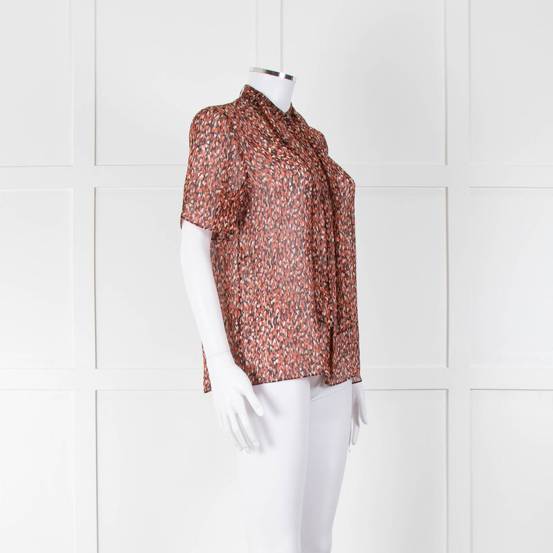 Strenesse Orange Brown Sheer Neck Tie Short Sleeve Top