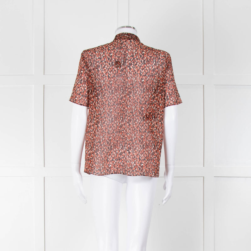 Strenesse Orange Brown Sheer Neck Tie Short Sleeve Top