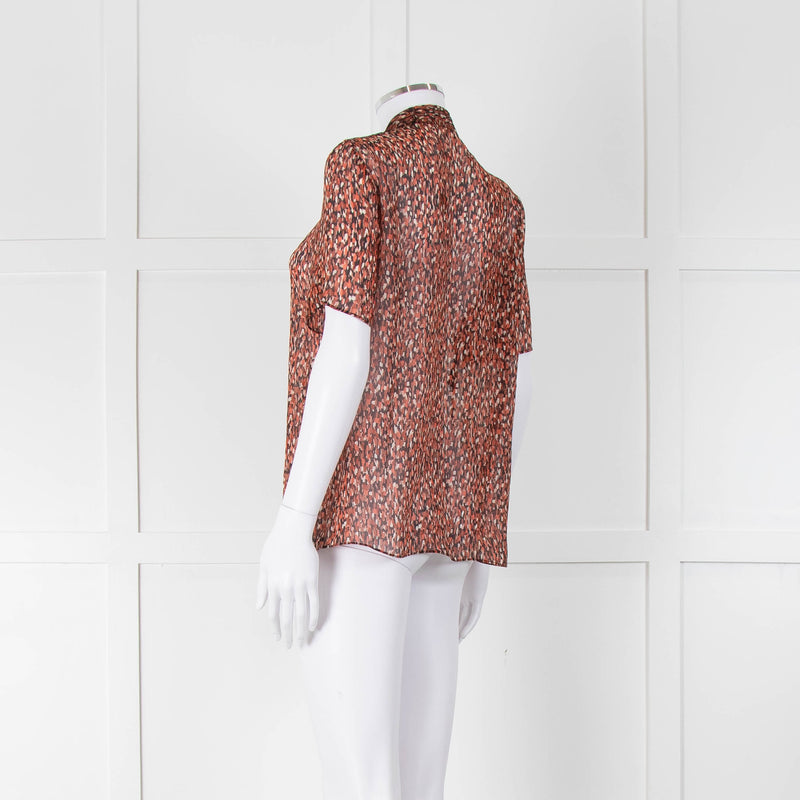 Strenesse Orange Brown Sheer Neck Tie Short Sleeve Top