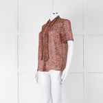 Strenesse Orange Brown Sheer Neck Tie Short Sleeve Top