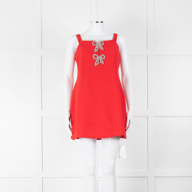 Self-Portrait Red Strappy Diamante Bow Mini Dress