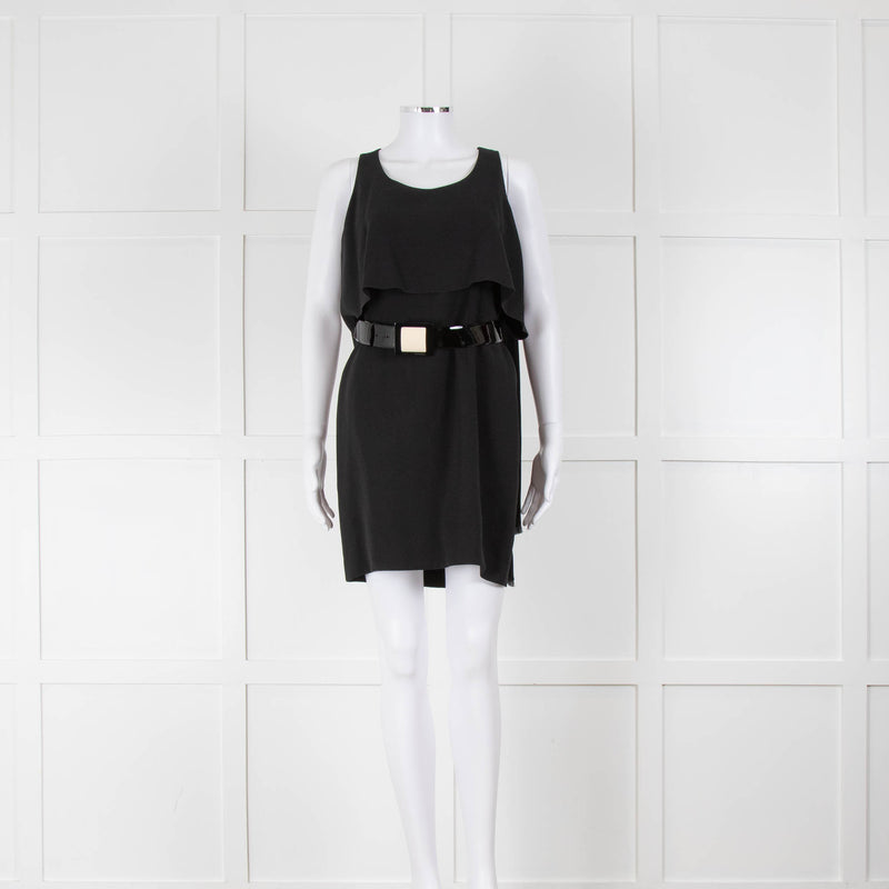 Chanel Black Draped Front Cream Buckle Patent Belt Dress