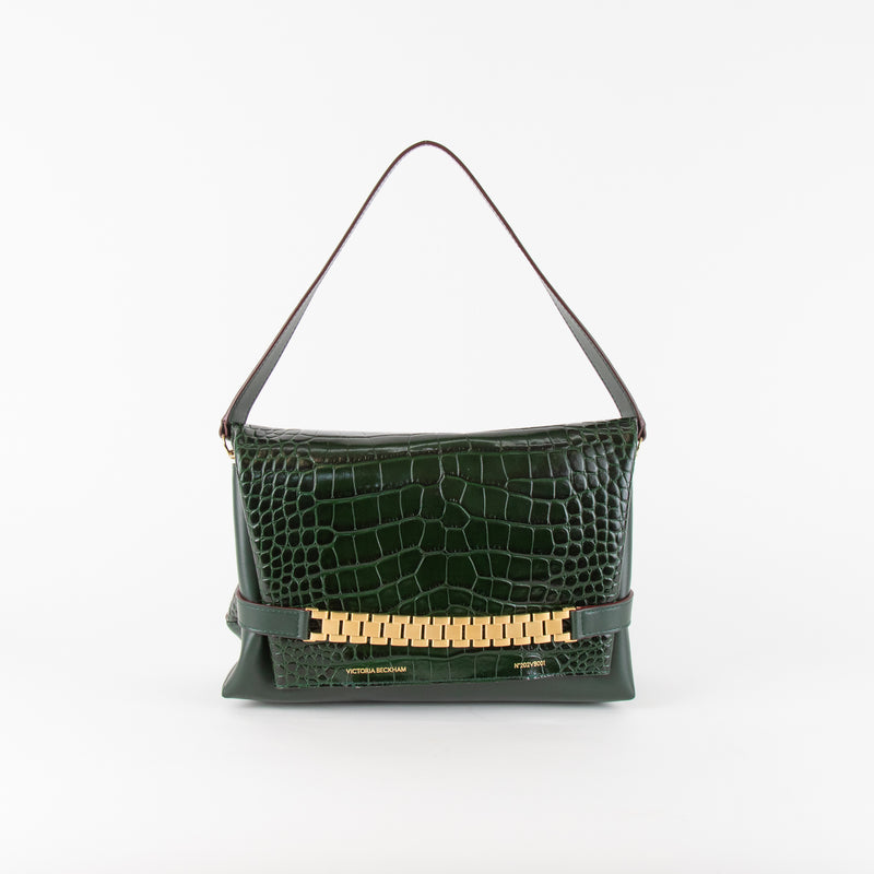 Victoria Beckham Chain Pouch Green Crocodile Print Leather